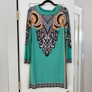Donna Morgan 3/4 Sleeve Kaleidoscope Aqua and MultiColored Paisley Shift Dress